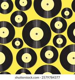 Seamless pattern print wallpaper with vinyl record discs music illustration vector retro style 60s, 70s, 80s, design art background for paper, textile, pack etc.