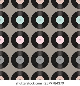 Seamless pattern print wallpaper with vinyl record discs music illustration vector retro style 60s, 70s, 80s, design art background for paper, textile, pack etc.