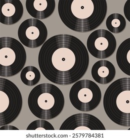 Seamless pattern print wallpaper with vinyl record discs music illustration vector retro style 60s, 70s, 80s, design art background for paper, textile, pack etc.