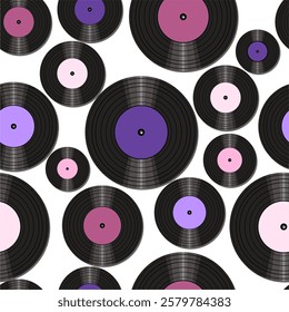 Seamless pattern print wallpaper with vinyl record discs music illustration vector retro style 60s, 70s, 80s, design art background for paper, textile, pack etc.