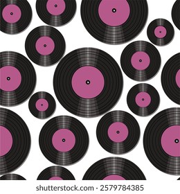 Seamless pattern print wallpaper with vinyl record discs music illustration vector retro style 60s, 70s, 80s, design art background for paper, textile, pack etc.