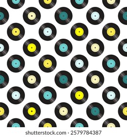 Seamless pattern print wallpaper with vinyl record discs music illustration vector retro style 60s, 70s, 80s, design art background for paper, textile, pack etc.