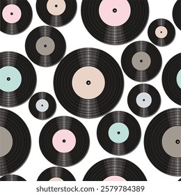 Seamless pattern print wallpaper with vinyl record discs music illustration vector retro style 60s, 70s, 80s, design art background for paper, textile, pack etc.