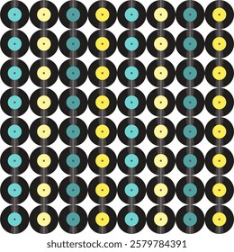 Seamless pattern print wallpaper with vinyl record discs music illustration vector retro style 60s, 70s, 80s, design art background for paper, textile, pack etc.