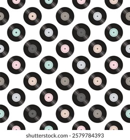 Seamless pattern print wallpaper with vinyl record discs music illustration vector retro style 60s, 70s, 80s, design art background for paper, textile, pack etc.