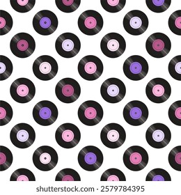 Seamless pattern print wallpaper with vinyl record discs music illustration vector retro style 60s, 70s, 80s, design art background for paper, textile, pack etc.