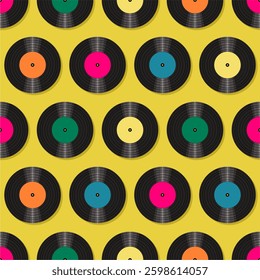 Seamless pattern print wallpaper with vinyl record discs music illustration vector retro style 60s, 70s, 80s, design art background for paper, textile, pack etc.	
