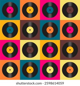 Seamless pattern print wallpaper with vinyl record discs music illustration vector retro style 60s, 70s, 80s, design art background for paper, textile, pack etc.	
