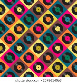 Seamless pattern print wallpaper with vinyl record discs music illustration vector retro style 60s, 70s, 80s, design art background for paper, textile, pack etc.	
