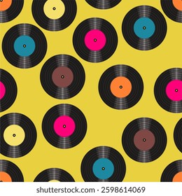 Seamless pattern print wallpaper with vinyl record discs music illustration vector retro style 60s, 70s, 80s, design art background for paper, textile, pack etc.	
