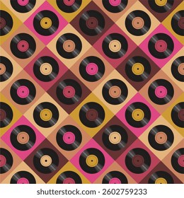 Seamless pattern print wallpaper with vinyl record discs music illustration vector retro style 60s, 70s, 80s, design art background for paper, textile, pack etc.