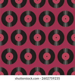 Seamless pattern print wallpaper with vinyl record discs music illustration vector retro style 60s, 70s, 80s, design art background for paper, textile, pack etc.