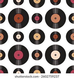 Seamless pattern print wallpaper with vinyl record discs music illustration vector retro style 60s, 70s, 80s, design art background for paper, textile, pack etc.
