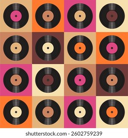 Seamless pattern print wallpaper with vinyl record discs music illustration vector retro style 60s, 70s, 80s, design art background for paper, textile, pack etc.