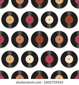 Seamless pattern print wallpaper with vinyl record discs music illustration vector retro style 60s, 70s, 80s, design art background for paper, textile, pack etc.