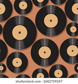 Seamless pattern print wallpaper with vinyl record discs music illustration vector retro style 60s, 70s, 80s, design art background for paper, textile, pack etc.