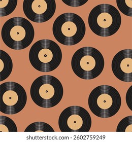 Seamless pattern print wallpaper with vinyl record discs music illustration vector retro style 60s, 70s, 80s, design art background for paper, textile, pack etc.