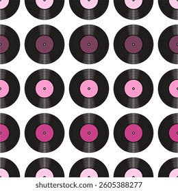  Seamless pattern print wallpaper with vinyl record discs music illustration vector retro style 60s, 70s, 80s, design art background for paper, textile, pack etc.