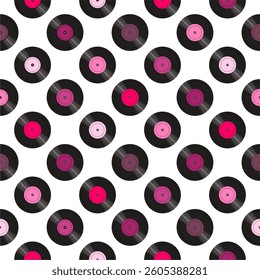  Seamless pattern print wallpaper with vinyl record discs music illustration vector retro style 60s, 70s, 80s, design art background for paper, textile, pack etc.