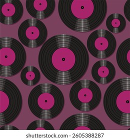  Seamless pattern print wallpaper with vinyl record discs music illustration vector retro style 60s, 70s, 80s, design art background for paper, textile, pack etc.