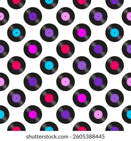  Seamless pattern print wallpaper with vinyl record discs music illustration vector retro style 60s, 70s, 80s, design art background for paper, textile, pack etc.
