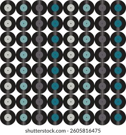 Seamless pattern print wallpaper with vinyl record discs music illustration vector retro style 60s, 70s, 80s, design art background for paper, textile, pack etc.