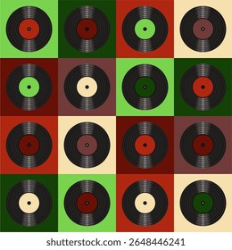 Seamless pattern print wallpaper with vinyl record discs music illustration vector retro style 60s, 70s, 80s, design art background for paper, textile, pack etc.	
