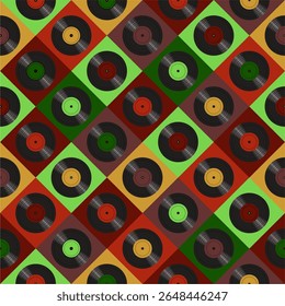 Seamless pattern print wallpaper with vinyl record discs music illustration vector retro style 60s, 70s, 80s, design art background for paper, textile, pack etc.	
