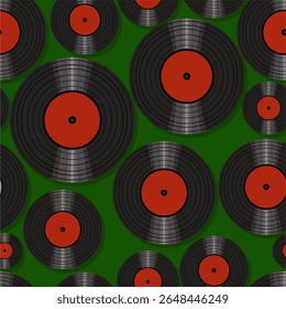 Seamless pattern print wallpaper with vinyl record discs music illustration vector retro style 60s, 70s, 80s, design art background for paper, textile, pack etc.	
