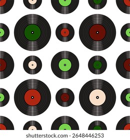 Seamless pattern print wallpaper with vinyl record discs music illustration vector retro style 60s, 70s, 80s, design art background for paper, textile, pack etc.	
