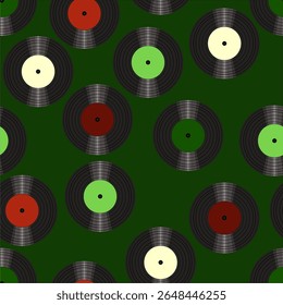 Seamless pattern print wallpaper with vinyl record discs music illustration vector retro style 60s, 70s, 80s, design art background for paper, textile, pack etc.	
