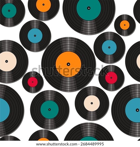 Seamless pattern print wallpaper with vinyl record discs music illustration vector retro style 60s, 70s, 80s, design art background for paper, textile, pack etc.	
