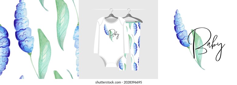 Seamless pattern and printable illustration set with flower, text Baby. Cute design pajamas on the hanger. Sweet background for fashion wear, tee, t-shirt print, baby shower, wrapping