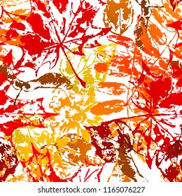 Seamless pattern with printed leaves. Art illustration of autumn foliage.