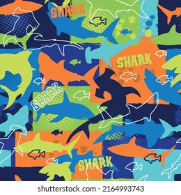 Seamless pattern for printing, boys pattern with  sharks silhouette