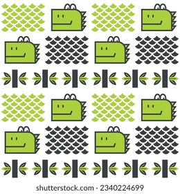 Seamless pattern for printing on clothes, textiles and packaging. Vector flat illustration. Stylized dragon head, bamboo stems and leaves. Scales of a fabulous animal. Symbol of 2024