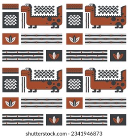 Seamless pattern for printing on clothes, textiles and packaging. Vector flat illustration. Dragon on four legs. Modular set of elements. Bamboo stalks. Scales of a fabulous animal. Symbol of 2024
