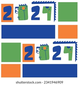 Seamless pattern for printing on clothes, textiles and packaging. Vector flat illustration. Handwritten date. Modular set of elements. Dragon head. Colorful print. Symbol of 2024. Cartoon character.