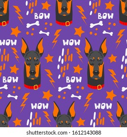 Seamless pattern for printing on fabric, paper and other surfaces. Cute faces of dogs. Flat vector illustration. Doberman.