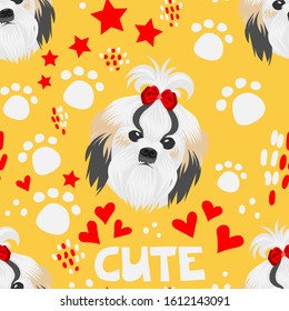 Seamless pattern for printing on fabric, paper and other surfaces. Cute faces of dogs. Flat vector illustration. Shih-Tzu.