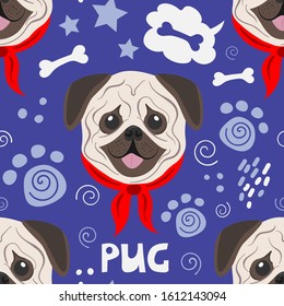 Seamless pattern for printing on fabric, paper and other surfaces. Cute faces of dogs. Flat vector illustration. Pug.