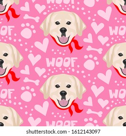 Seamless pattern for printing on fabric, paper and other surfaces. Cute faces of dogs. Flat vector illustration. Labrador.