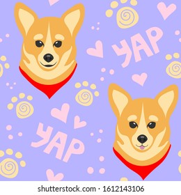 Seamless pattern for printing on fabric, paper and other surfaces. Cute faces of dogs. Flat vector illustration. Corgi.