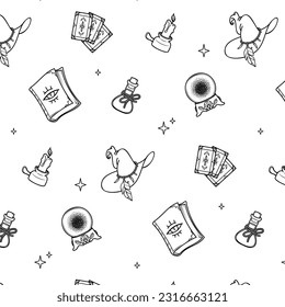 Seamless pattern for printing on fabric, magic items of a witch or sorcerer