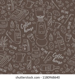 Seamless pattern for printing on paper or fabric.Coffee shop motifs. doodles vector