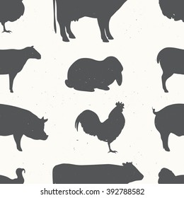 Seamless Pattern for printing onto fabric. Farm Animal silhouettes. Vector Illustration.