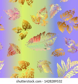 Seamless pattern of prints of autumn multicolor leaves of plants. Vector illustration on blue rainbow background for textiles, fabrics, packaging 