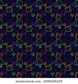 Seamless pattern for prints with bright colored cubes at different angles on a dark background