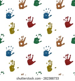 Seamless pattern. Prints of children's handprints. Colorful prints on white background. Vector, EPS10