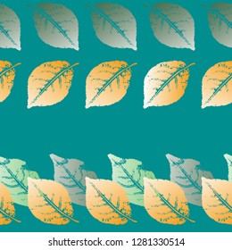 Seamless pattern of the prints of the leaves of living plants. Separate Golden and green leaves on turquoise background. Vector.